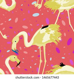 Pink flamingo with tropical leaves floral seamless pattern. Palm tree leaves with exotic birds. Flamingo floral background textile design.