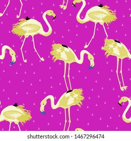 Pink flamingo with tropical leaves floral seamless pattern. Palm tree leaves with exotic birds. Flamingo floral background textile design.