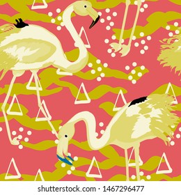 Pink flamingo with tropical leaves floral seamless pattern. Palm tree leaves with exotic birds. Flamingo floral background textile design.