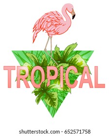 Pink flamingo and tropical leaves on a green triangle background