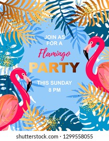 Pink flamingo and tropical leaves. Flamingo party invitation. Vector illustration for party, banner, poster, web, invitation.