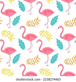 Pink flamingo with tropical leaves. Seamless pattern. Can be used for wallpaper, fill web page background, surface textures