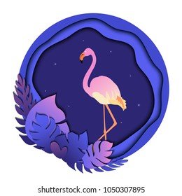 Pink flamingo in tropical leaves. Summer trendy tropical template with twinkling fireflies and exotic palm foliage in a circle. Wildlife concept. Vector floral background made in 3D paper cut style.