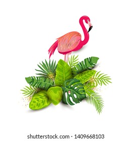 Pink flamingo and tropical leaves vector illustration isolated on white background. Design element for tropical party, t-shirt design, banner, poster, web, invitation.