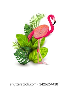 Pink flamingo and tropical leaves vector illustration isolated on white background. Design element for tropical party, t-shirt design, banner, poster, web, invitation.