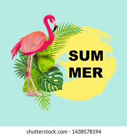 Pink flamingo and tropical leaves vector illustration isolated on background. Place for text. Design element for poster, web, flyer, invitation, postcard, sale.