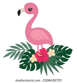 Pink flamingo and tropical leaves vector cartoon illustration