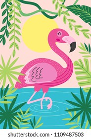 pink flamingo in tropical nature  - vector illustration, eps