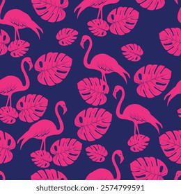 pink flamingo tropical pattern on blue background