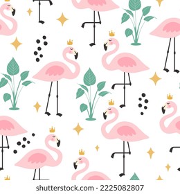 pink flamingo with tropical plants and kawaii stars, clean white backround. kids exotic leaves seamless pattern design. Fabric and textile vector print.