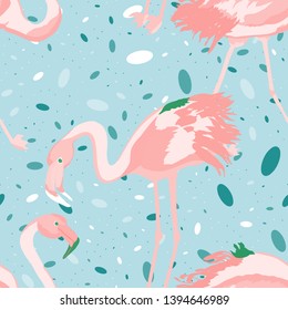 Pink flamingo tropical seamless pattern. Flamingo floral background textile design. Great print for swimsuits.