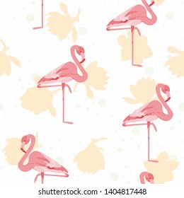 Pink flamingo tropical seamless pattern. Flamingo floral background textile design. Great print for swimsuits.