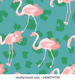 Pink flamingo tropical seamless pattern. Flamingo floral background textile design. Great print for swimsuits.