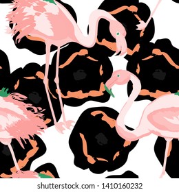 Pink flamingo tropical seamless pattern. Flamingo floral background textile design. Great print for swimsuits.