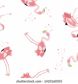 Pink flamingo tropical seamless pattern. Flamingo floral background textile design. Great print for swimsuits.