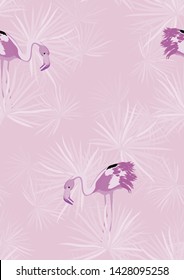 Pink flamingo tropical seamless pattern. Flamingo floral background textile design. Great print for swimsuits.