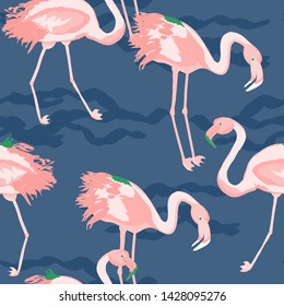 Pink flamingo tropical seamless pattern. Flamingo floral background textile design. Great print for swimsuits.