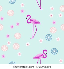 Pink flamingo tropical seamless pattern. Flamingo floral background textile design. Great print for swimsuits.