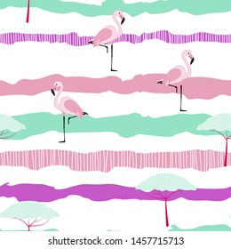 Pink flamingo tropical seamless pattern. Flamingo floral background textile design. Great print for swimsuits.