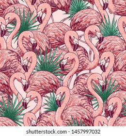 Pink flamingo tropical seamless pattern. Beautiful background. Vector illustration