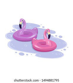 Pink flamingo. Two inflatable flamingos cute swim in the water. Side view. Inflatable floats in the shape of pink flamingos. Summer pool party. Vector illustration isolated on a white background.