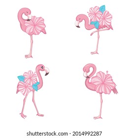 Pink flamingo vector cartoon flat set. Exotic tropical bird icons collection isolated on white background.