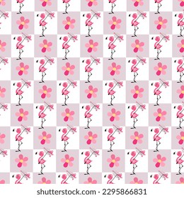 Pink flamingo. Vector checkered background. Design for childrens textiles. Seamless pattern