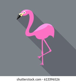 pink flamingo vector flat design icon or symbol with long shadows, classic plastic lawn or yard ornament decoration, tropical exotic water bird, Hawaiian luau party theme decor in minimal clean sign