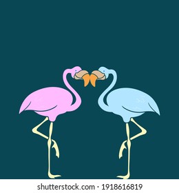 Pink flamingo, vector illustration. Cool exotic bird in various poses of decorative design elements of the collection.