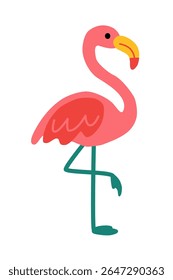 Pink flamingo vector illustration in a flat, simple graphic style with vibrant colors. Perfect for tropical themes, children's designs, animal-themed decor, and playful summer projects.