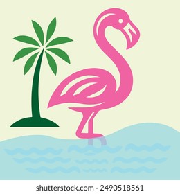 Pink flamingo vector illustration with a green tree