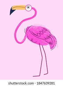 Pink flamingo vector illustration. Han drawn, simple color, beautiful,rough,line, art. Isolated on pink background.