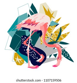 Pink flamingo vector illustration isolated on white background.Abstract floral elements paper collage