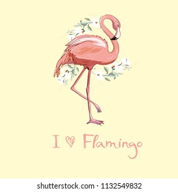 Pink flamingo vector illustration isolated on white background.
