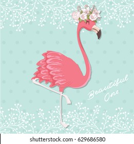 Pink flamingo vector illustration isolated on green background.