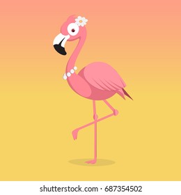 Pink flamingo vector illustration isolated on gradient red yellow orange background. Element for banner poster. Flat design