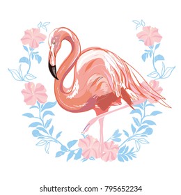 Pink flamingo vector illustration isolated on green background.