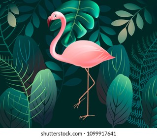 Pink flamingo vector illustration on the tropical forest background. Exotic bird illustration with monstera and fern leaves for patterns, wallpapers, textures and backgrounds