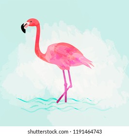 Pink flamingo vector illustration. Tropical bird character in pastel background