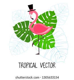 Pink Flamingo vector illustration with tropical palm leaves on white background. 