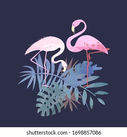 Pink flamingo vector illustration. Tropical bird and leaves composition. Banner design element.
