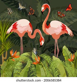 Flamingo rosa en ilustración vectorial.Flamencos y plantas tropicales en ilustración de vector de color.