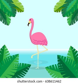 Pink flamingo in water surrounded by leaves vector illustration