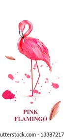 Pink flamingo, watercolor splashes, colorful paint drops. Beautiful vector illustration. Hello Summer card - Illustration
