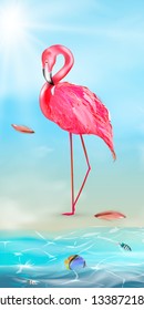 Pink flamingo, watercolor splashes, colorful paint drops. Beautiful vector illustration. Hello Summer card - Illustration
