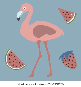 Pink Flamingo with watermelons and strawberry. Retro Style. Vector Illustration.