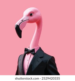 A pink flamingo wearing a black suit, pink shirt, and black bowtie against an pink background