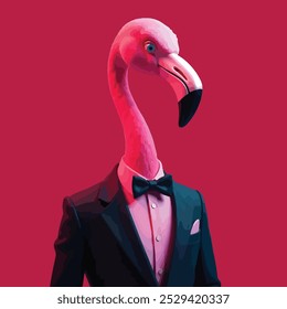 A pink flamingo wearing a black suit, pink shirt, and black bowtie against an pink background