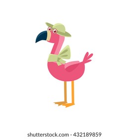 Pink Flamingo Wearing A Hat Illustration. Funny Childish Vector Flamingo Drawing. Flat Isolated Cartoon Animal Icon.