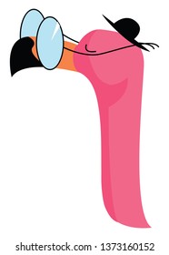 A pink flamingo wearing rounded glasses and a black hat vector color drawing or illustration 